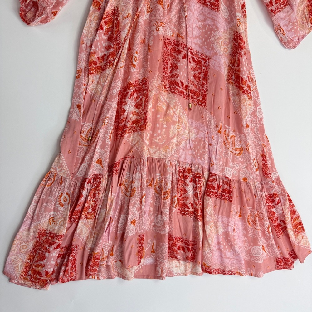 Roller Rabbit Maxi Dress Womens Size M Pink Red Patchwork Bandana Boho Tiered - Picture 7 of 13
